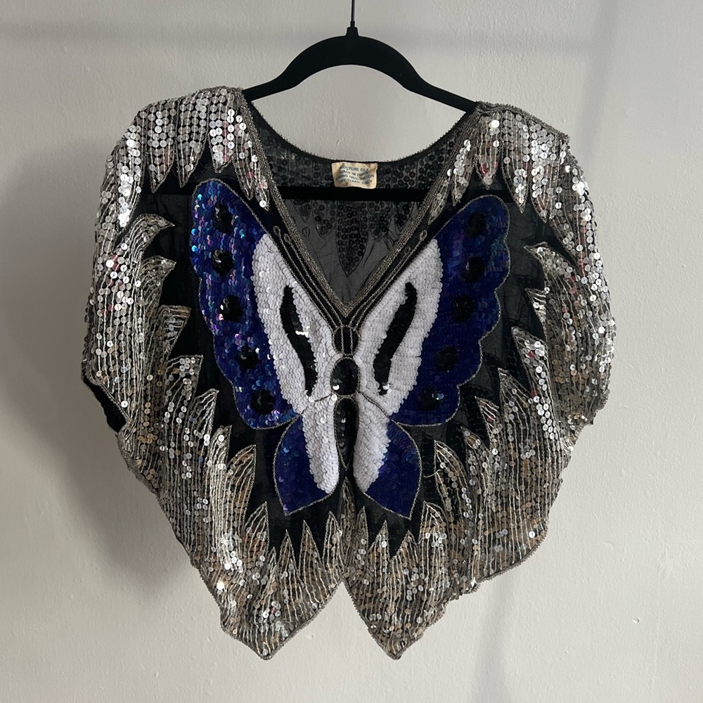 Vintage 70’s Sparkly Blue and Silver Sequins Butterfly Blouse